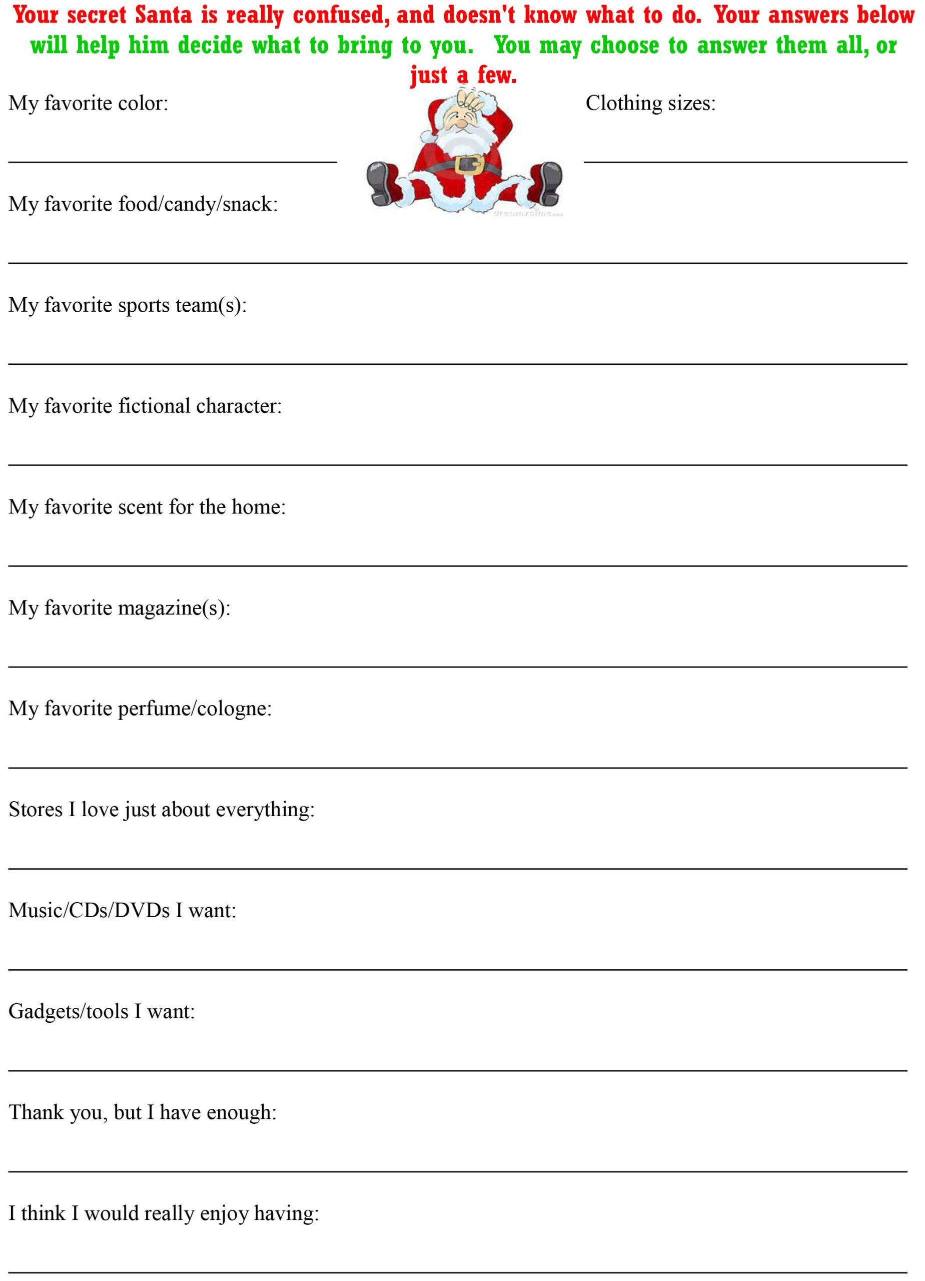 Christmas Secret Santa Questionnaire More Secret Santa 