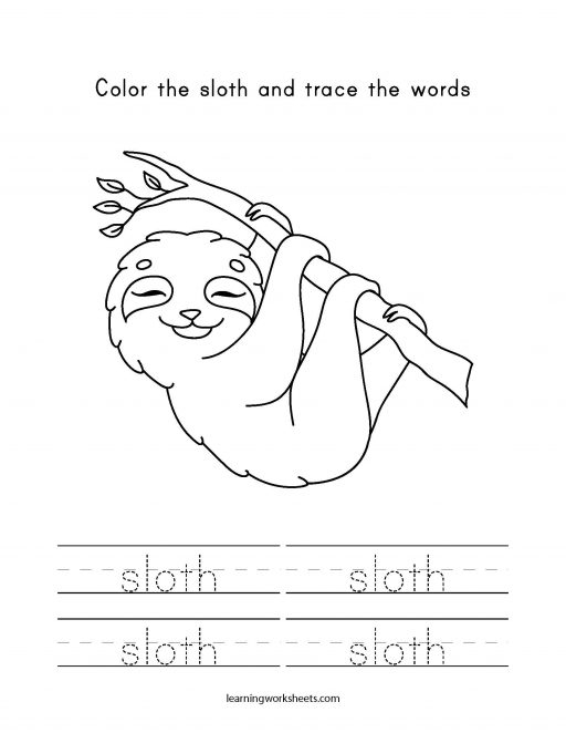 Color The Sloth And Trace The Words Learning Worksheets 