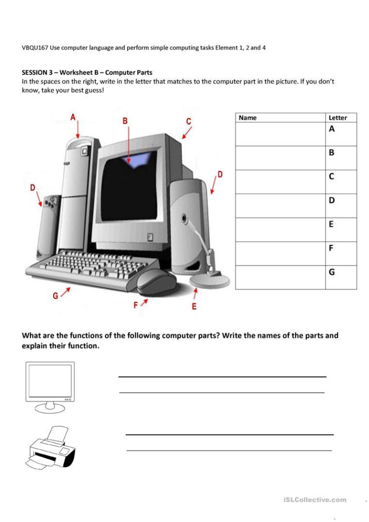 Computer Parts And Their Functions Worksheet Free Esl