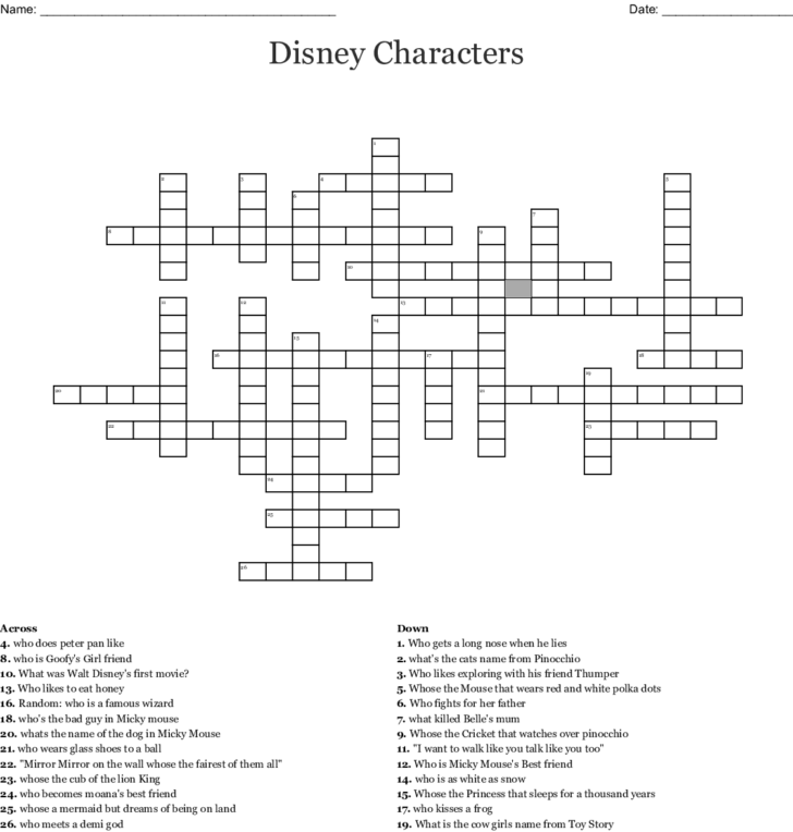 Disney Characters Crossword WordMint | FreePrintableTM.com