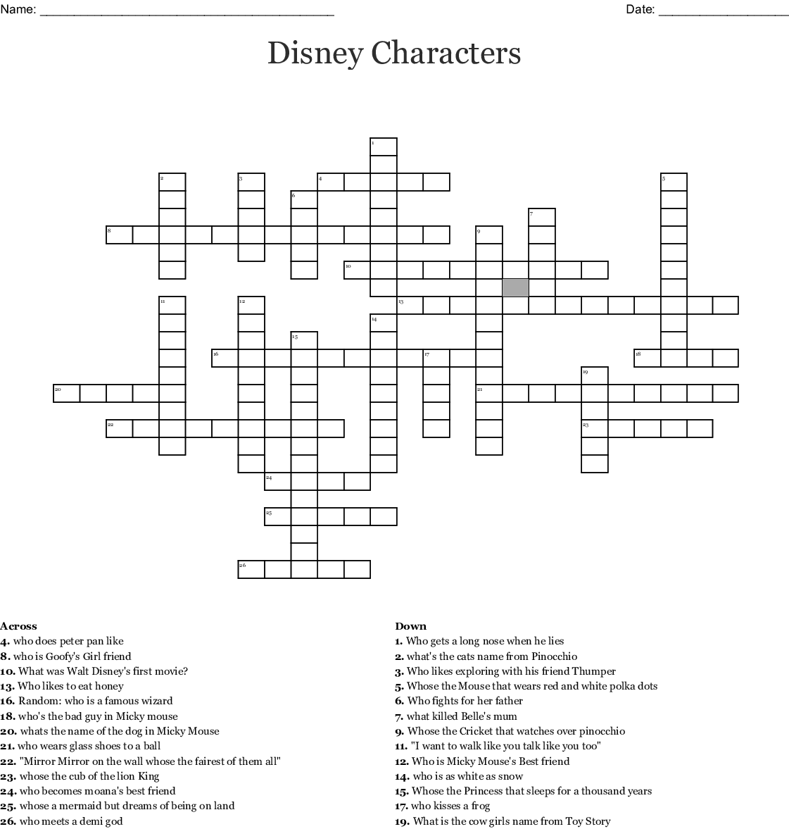 Disney Characters Crossword WordMint