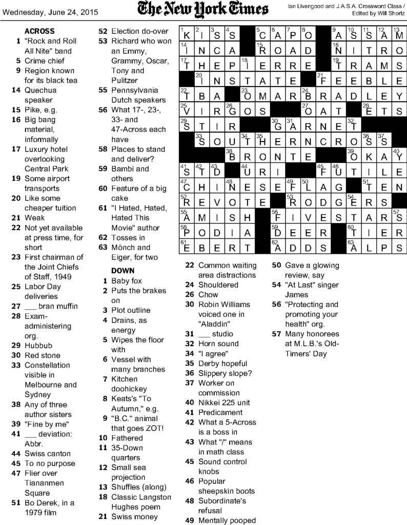 New York Times Crossword Puzzle Printable Tuesday