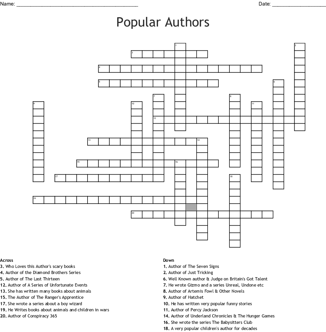 Famous Books And Authors Crossword WordMint