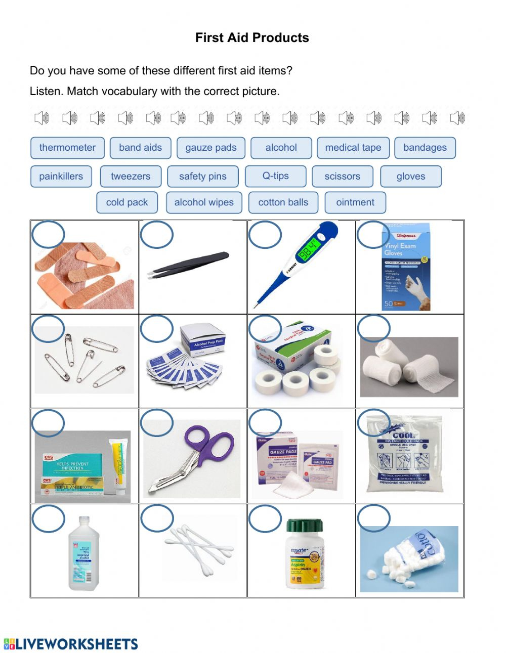 First Aid Items Worksheet