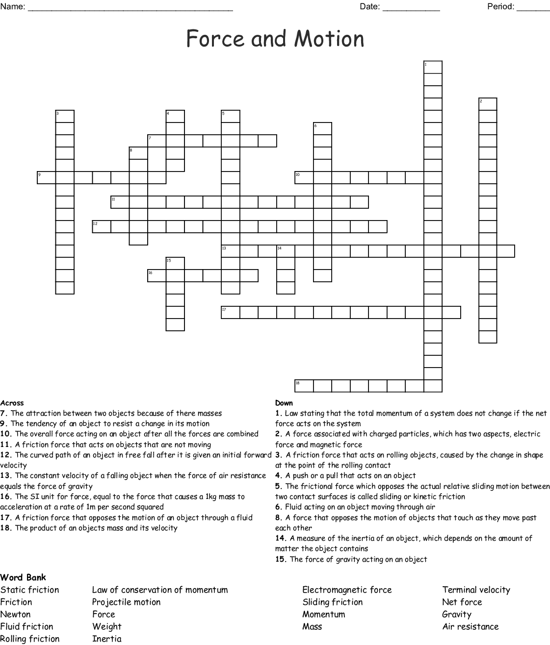 Force And Motion Crossword WordMint