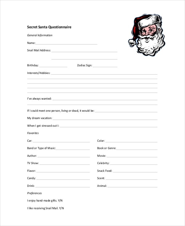 FREE 10 Sample Secret Santa Questionnaire Forms In PDF 