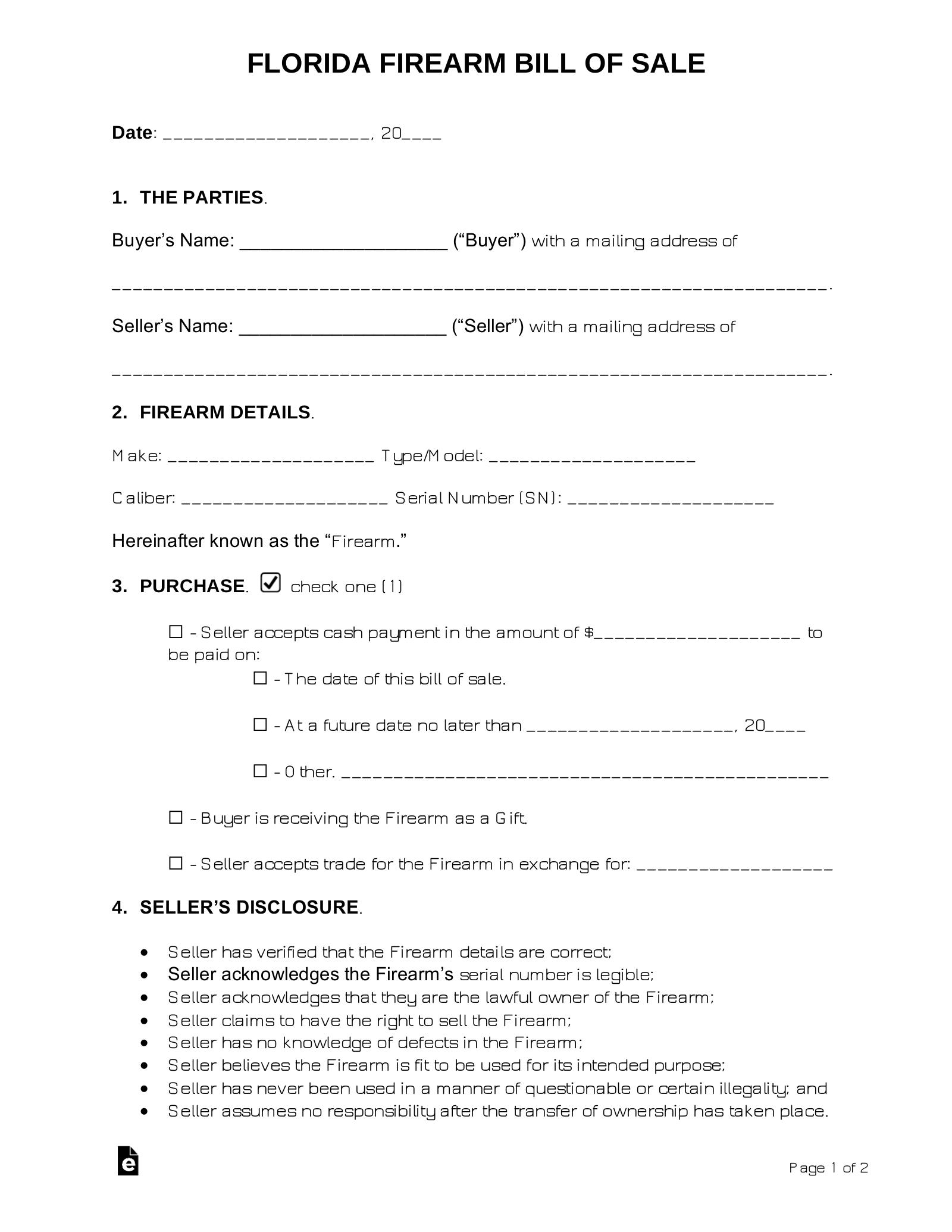 Free Florida Firearm Bill Of Sale Form Word PDF EForms