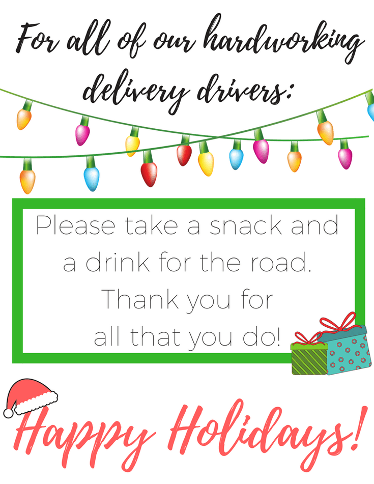 Free Holiday Delivery Driver Printable Sign Thank You 