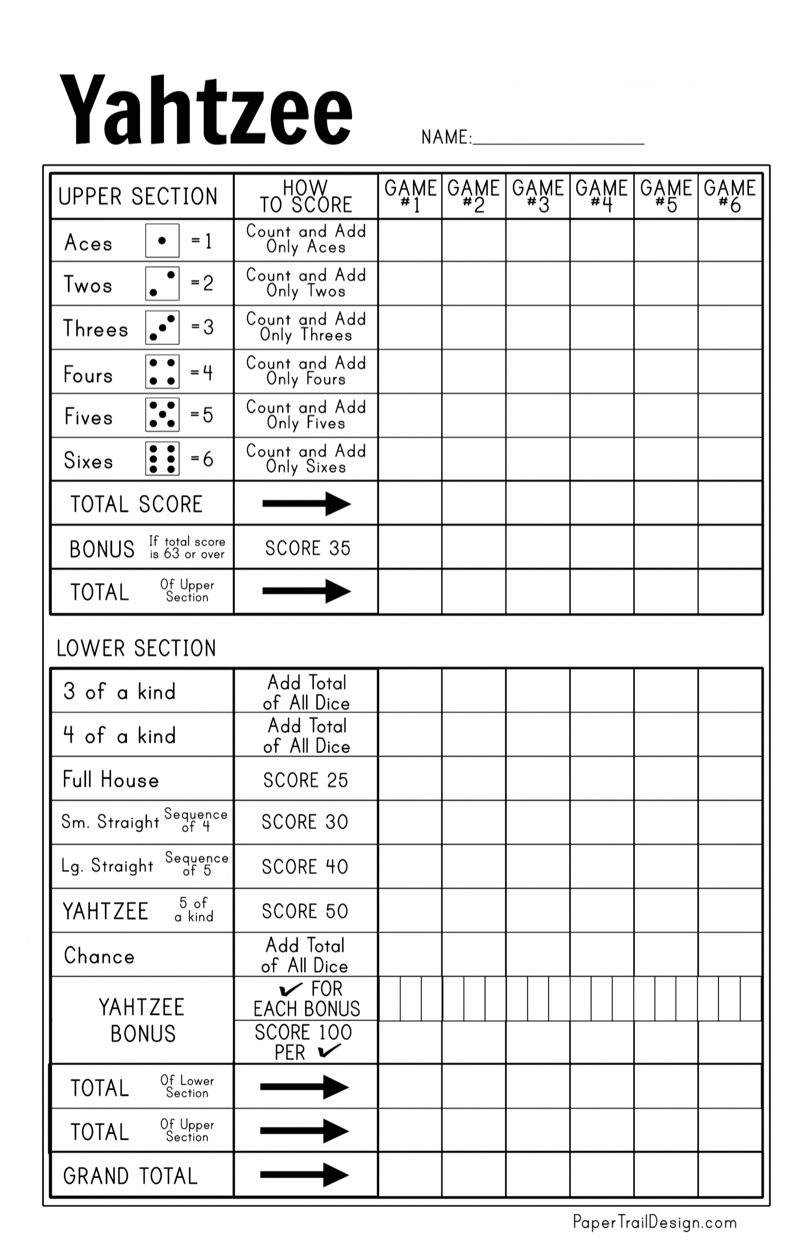 Free Printable Yahtzee Score Card Paper Trail Design