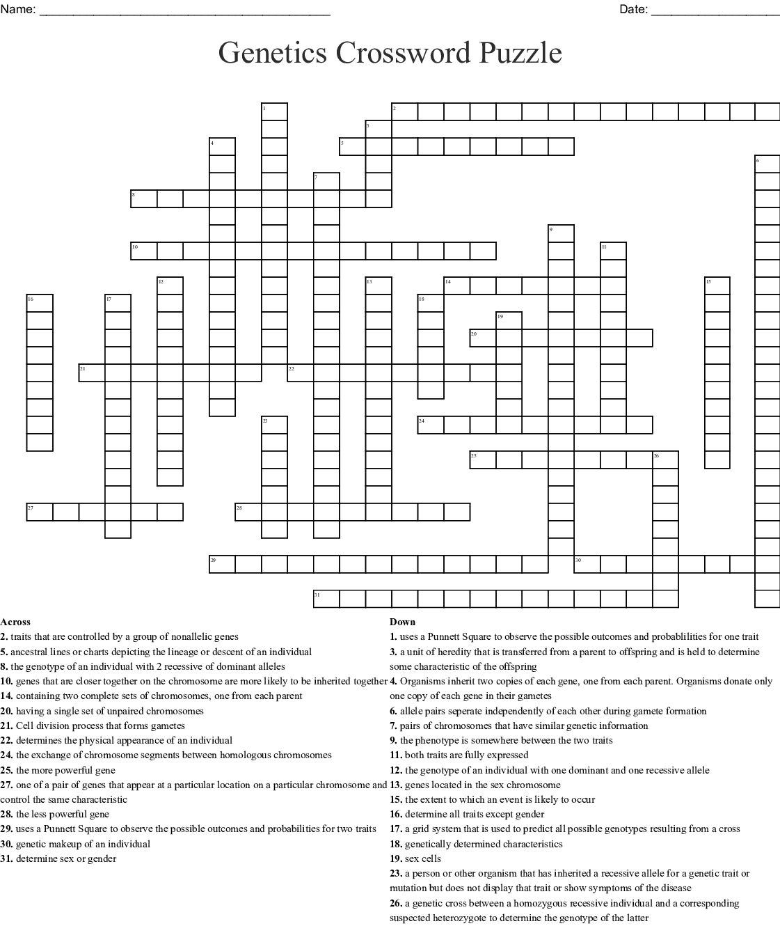 Genetics Unit Vocabulary Crossword Answer Key Printable 