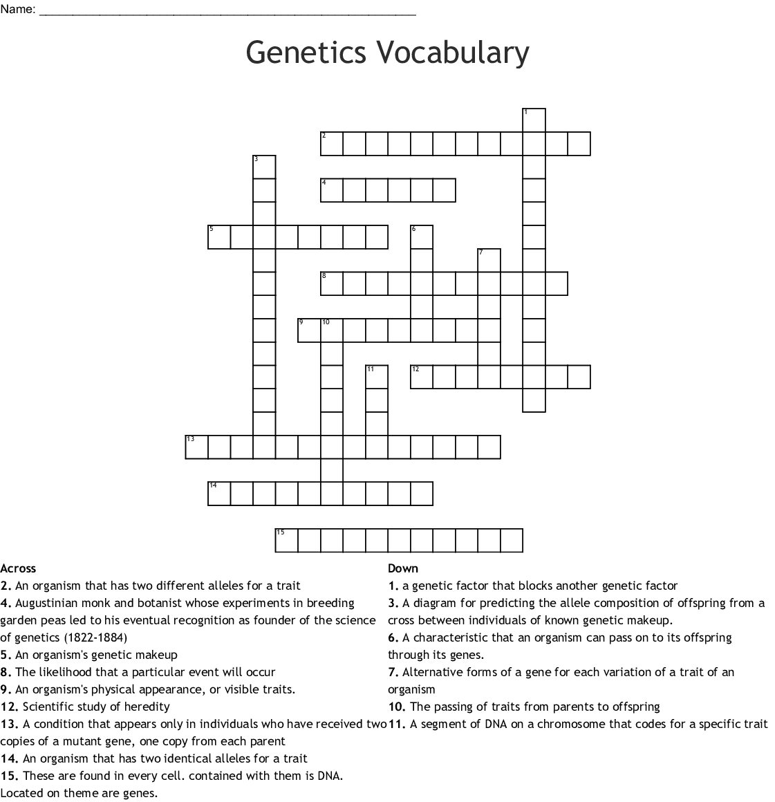 Genetics Unit Vocabulary Crossword Answer Key Printable 