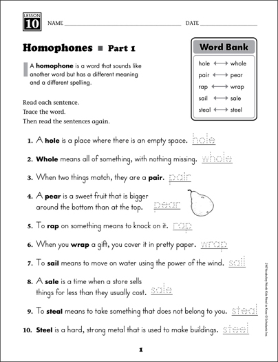 Homophones Grade 2 Vocabulary Printable Skills Sheets