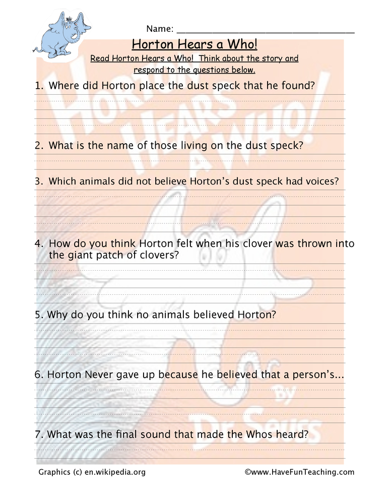 Horton Hears A Who Reading Comprehension Worksheet Have 