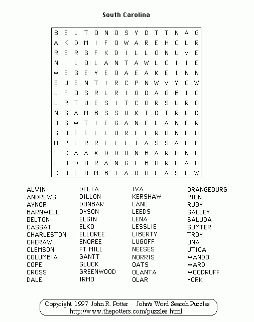 John s Word Search Puzzles South Carolina