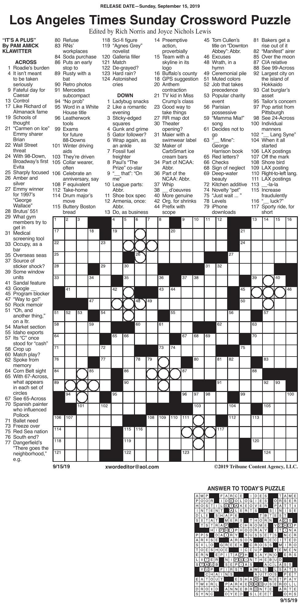 La Times Printable Crossword Puzzles 2019 Printable 