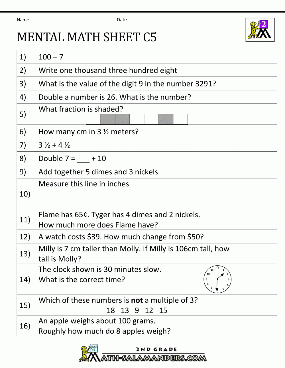 Mental Math Worksheet 2nd Grade