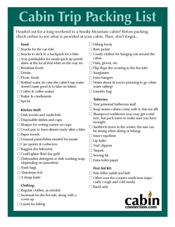 My Cabin Vacation Checklist Cabin Trip Camping Packing 