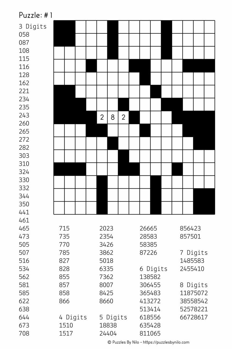 Number Fill In Puzzles Printable Fill In Puzzle 