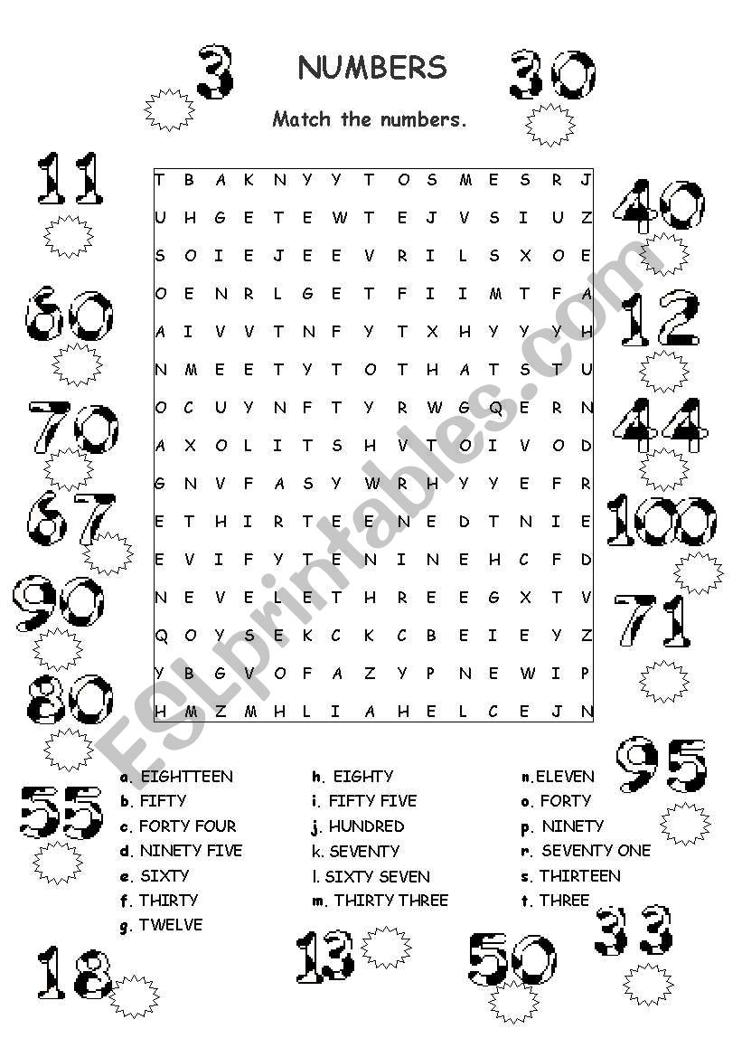 NUMBERS 1 100 WORDSEARCH ESL Worksheet By Guveri