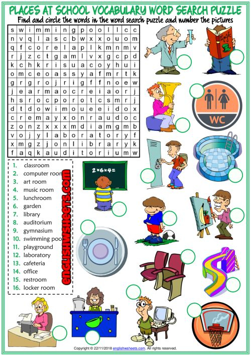 Places At School ESL Word Search Puzzle Worksheet For Kids 