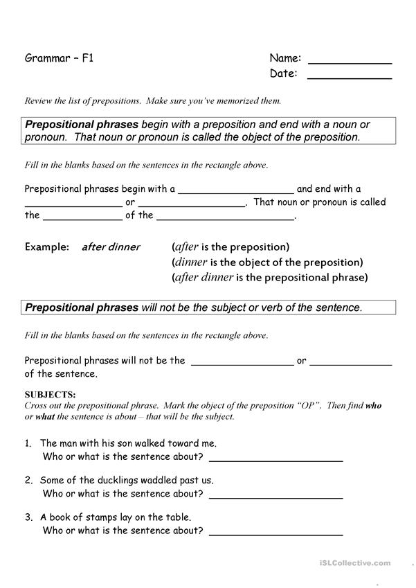 Prepositional Phrase Subject Worksheet Free ESL 