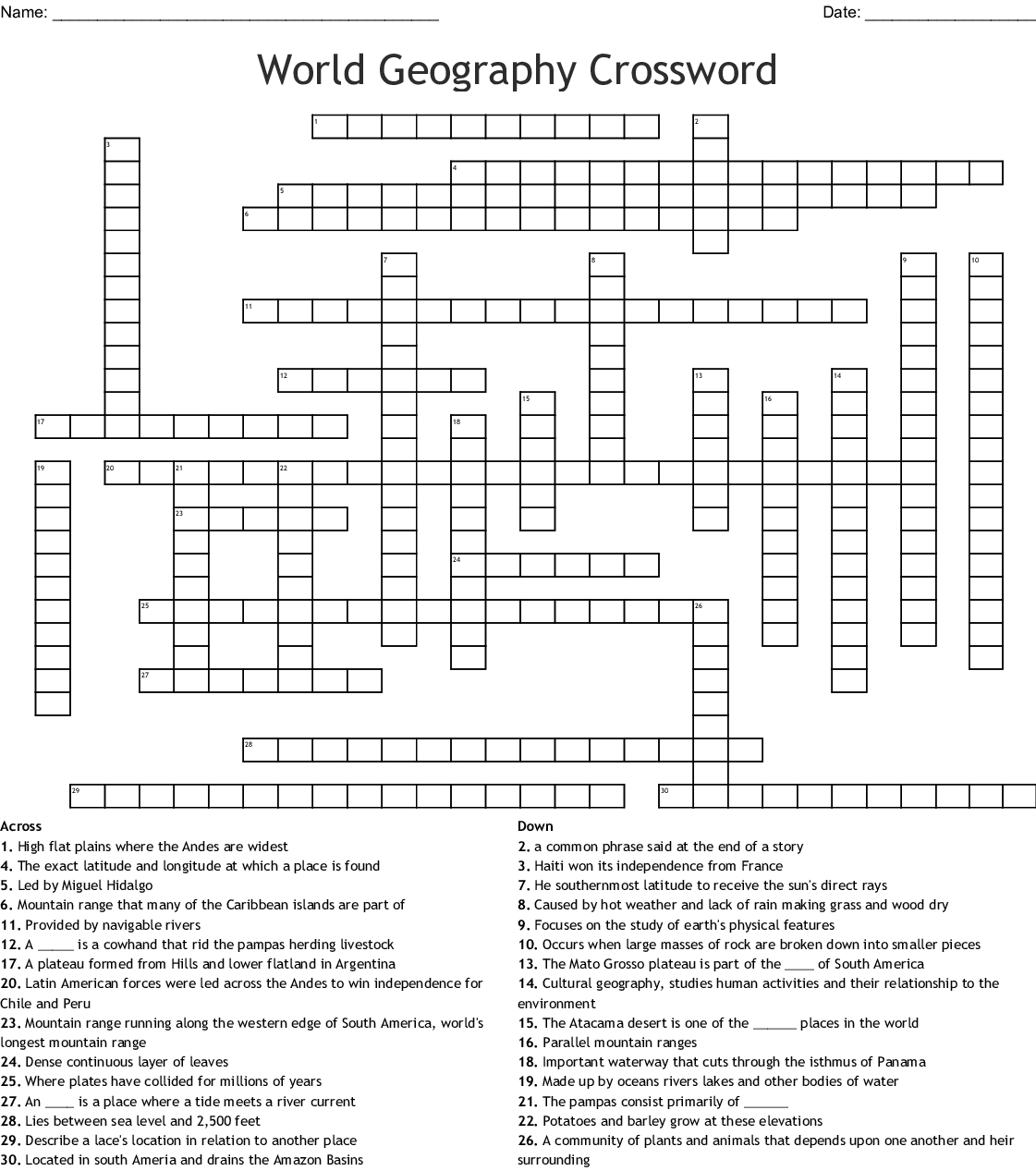 Printable Geography Crossword Printable Crossword Puzzles