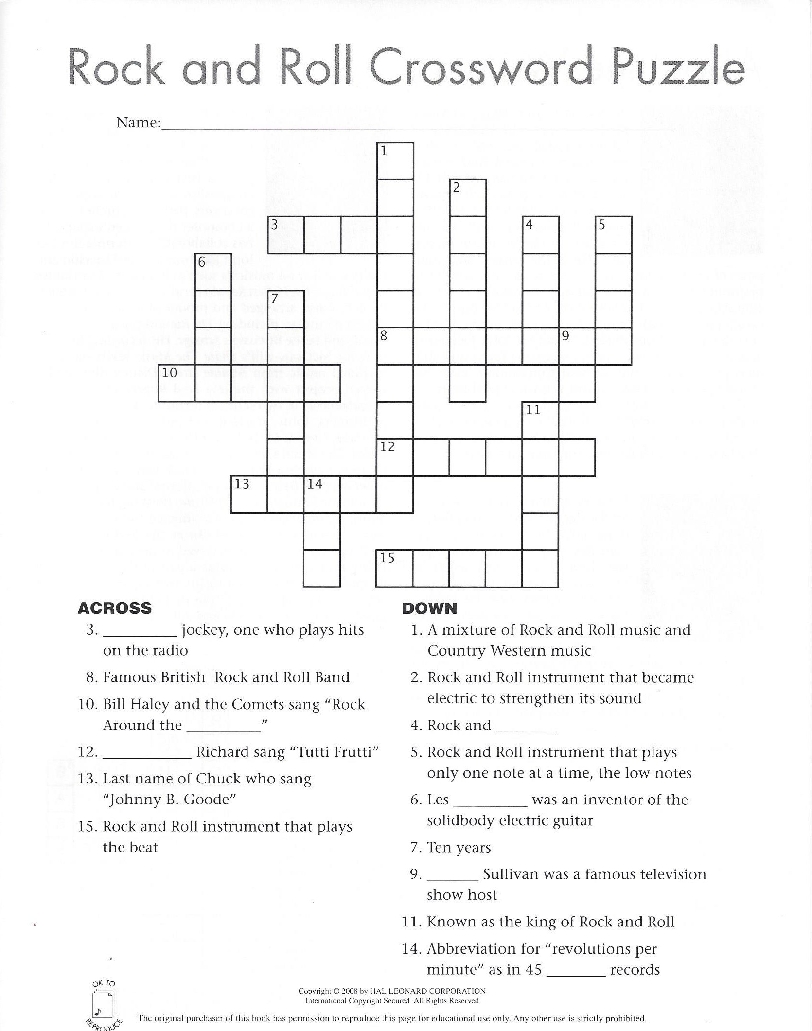 Printable Rock And Roll Crossword Puzzles Printable 