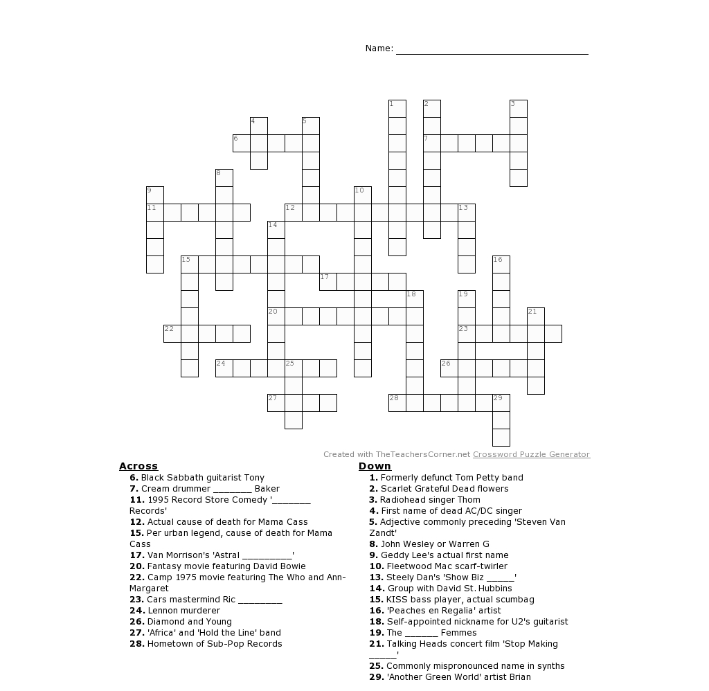 Printable Rock And Roll Crossword Puzzles Printable 