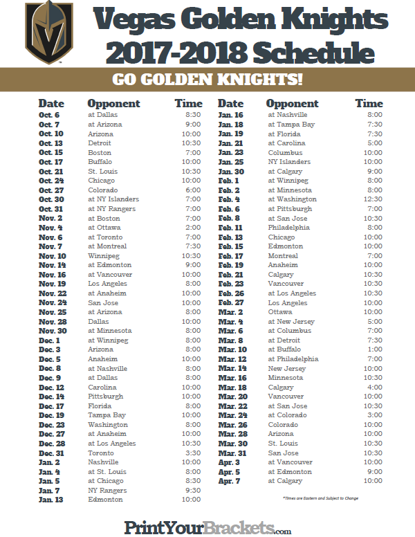 Printable Vegas Golden Knights 2017 2018 Schedule 