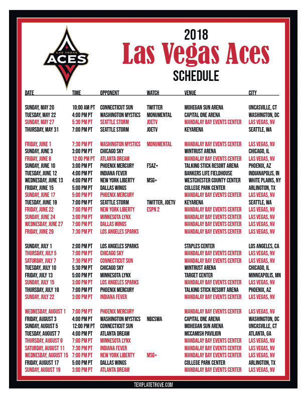 Printable2018 Las Vegas Aces Basketball Schedule