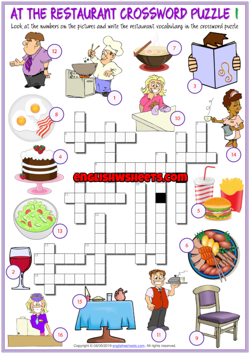 Restaurant Vocabulary ESL Crossword Puzzle Worksheets