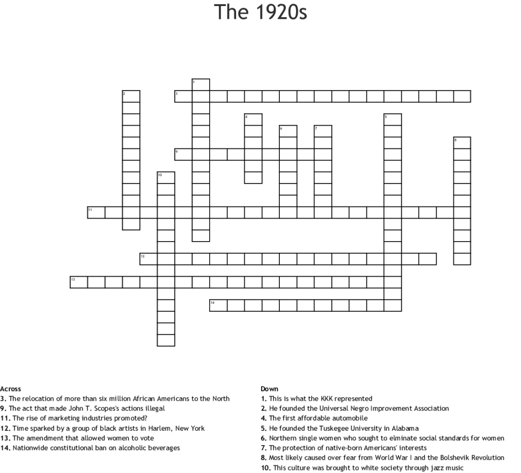 Free Printable Crossword Puzzle For The Roaring 20 s FreePrintableTM com