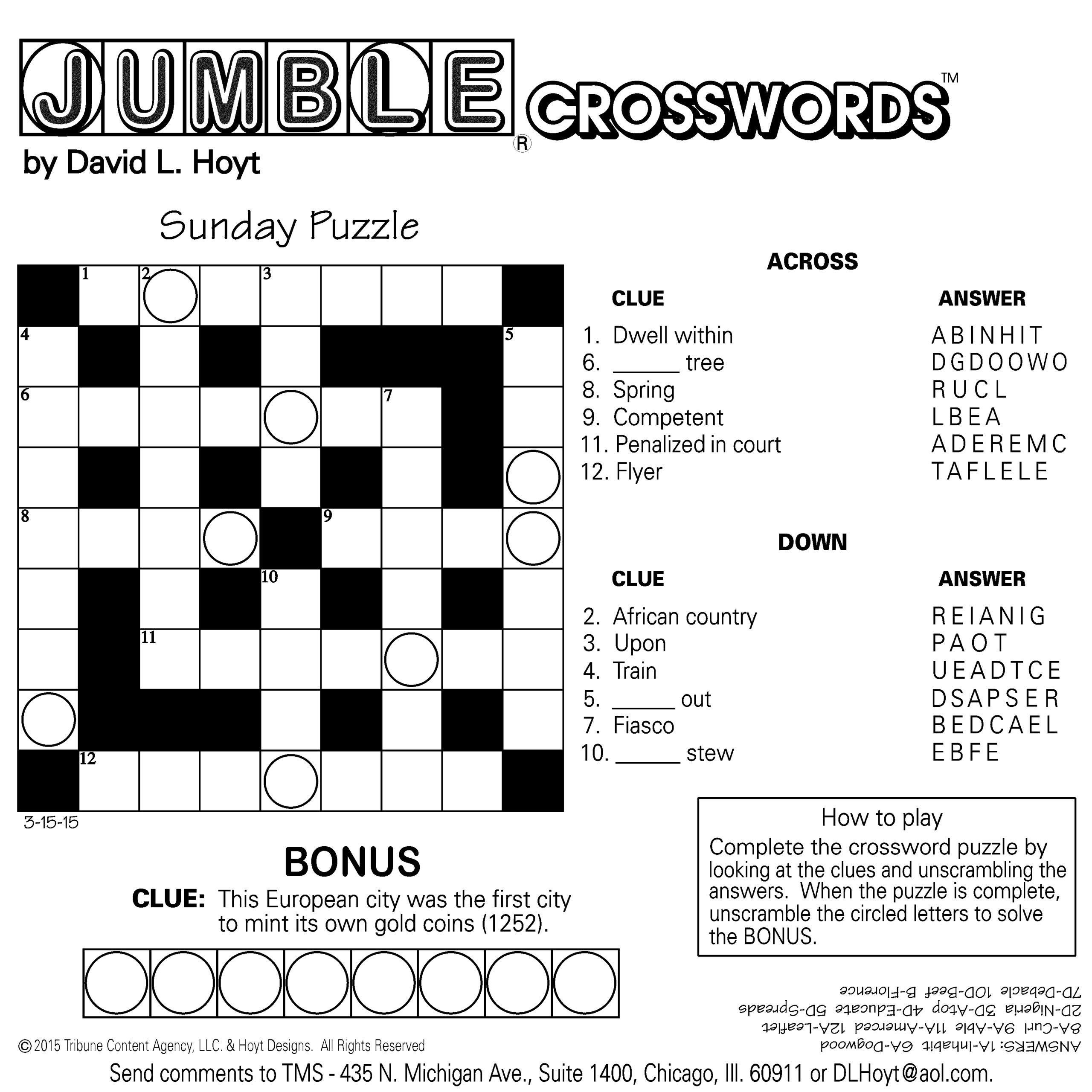 Sample Of Square Sunday Jumble Crosswords Tribune 