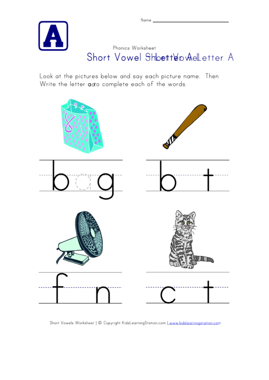 Short Vowel Letter A Phonics Worksheet Template 