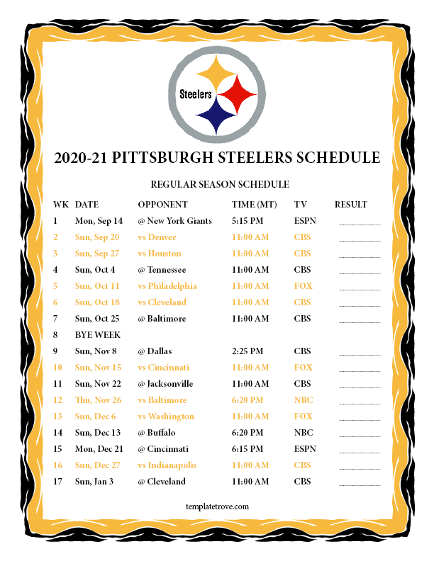 Steelers Schedule 2021 Printable FreePrintableTM 