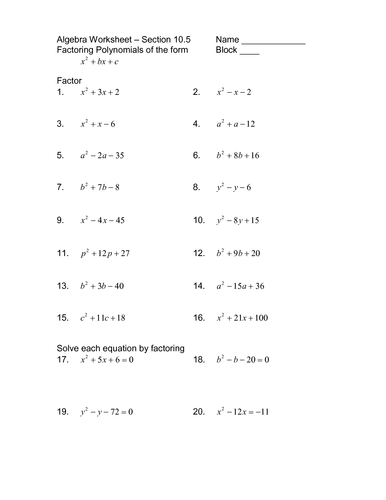 Trinomial Factoring Worksheet Answers Free Factoring Db 