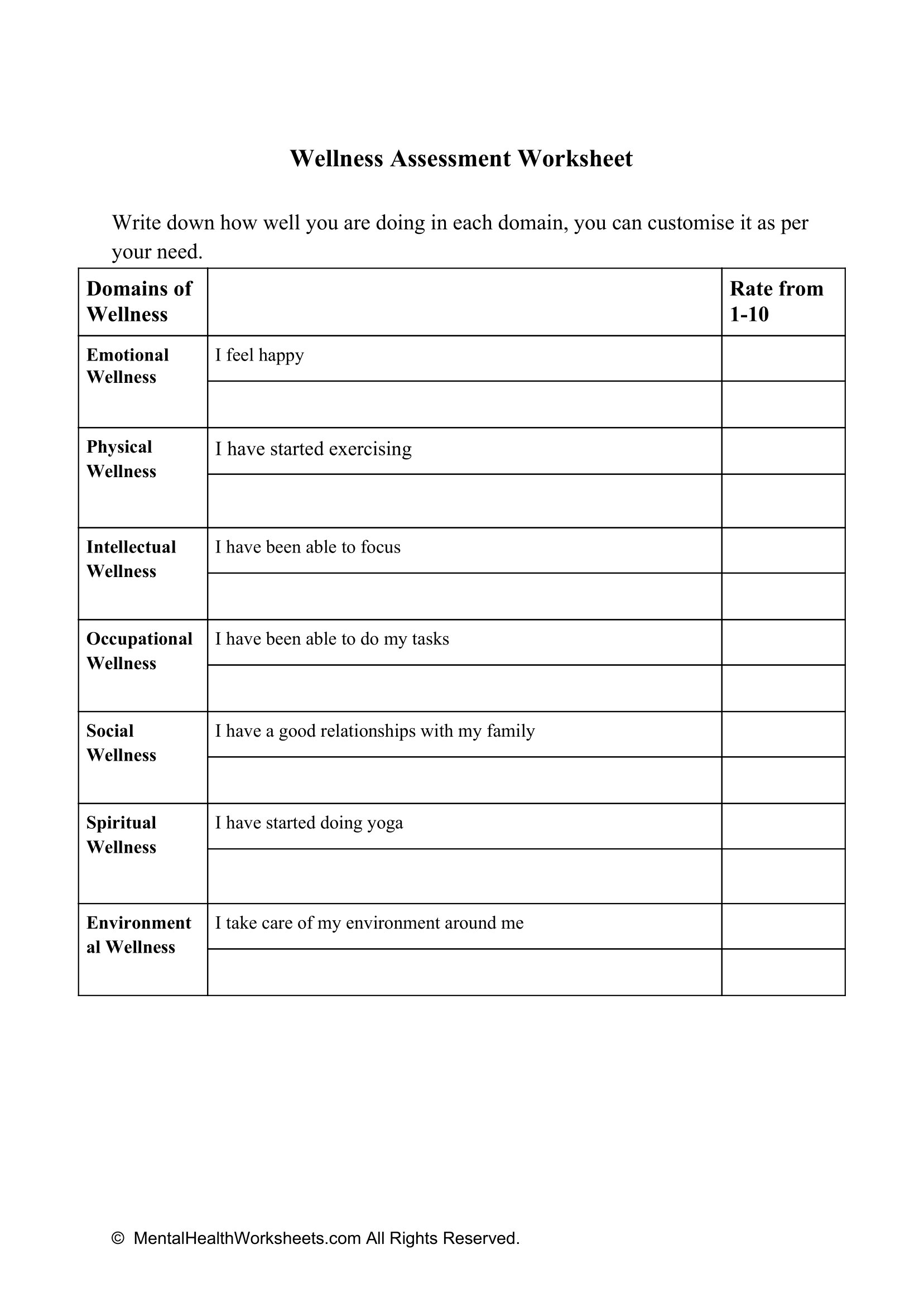 Wellness Assessment Worksheet Mental Health Worksheets