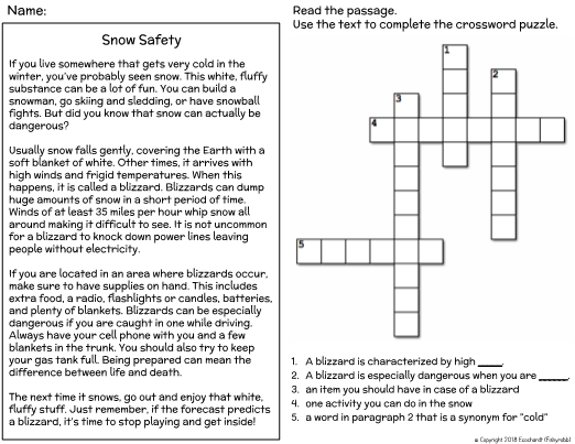 Winter Snow Safety Reading Comprehension Crossword