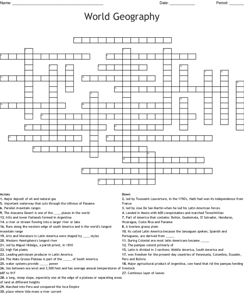 Printable Geography Crossword Puzzle