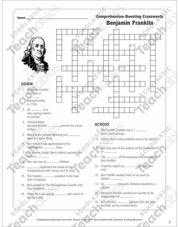 Benjamin Franklin Text Crossword Puzzle Printable 