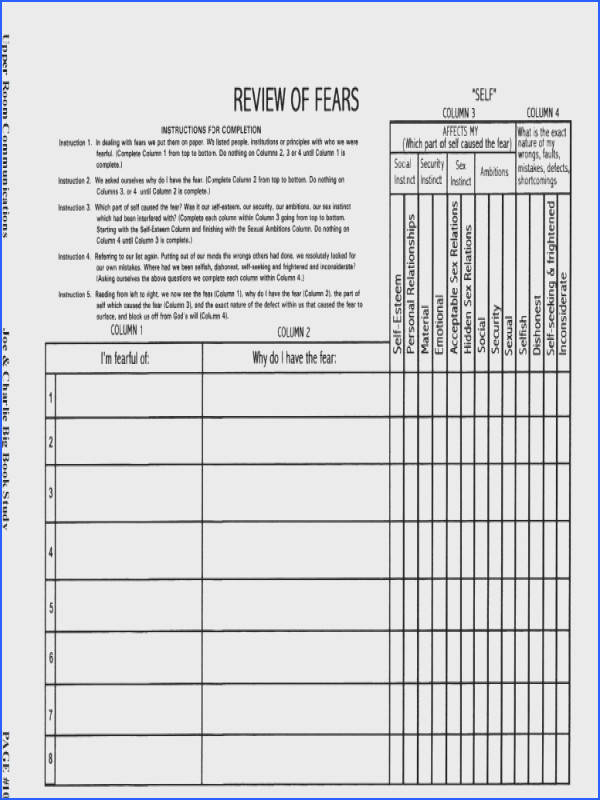 Best Aa Step 4 Worksheet Aa 4th Step Worksheet Joe And 