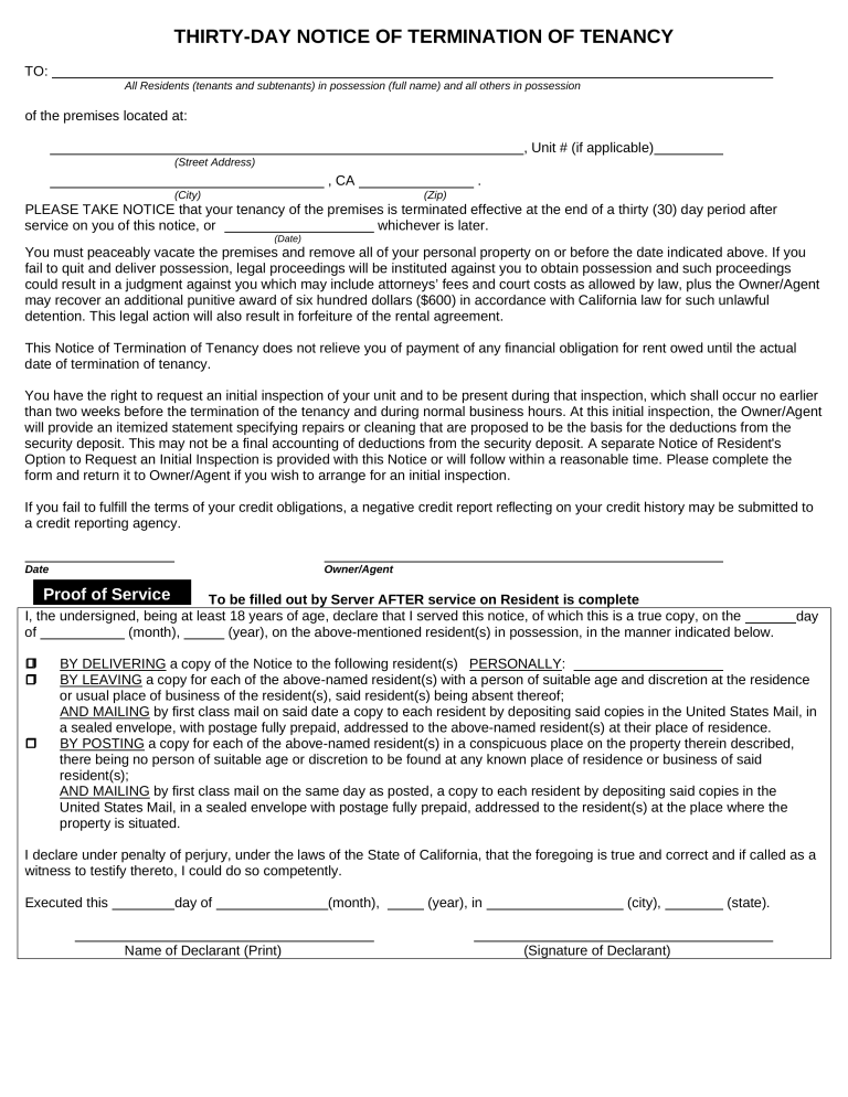 California Lease Termination Letter Form 30 Day Notice 