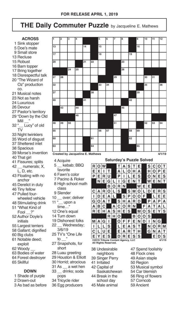 Free Printable Daily Commuter Crossword Puzzles FreePrintableTM com