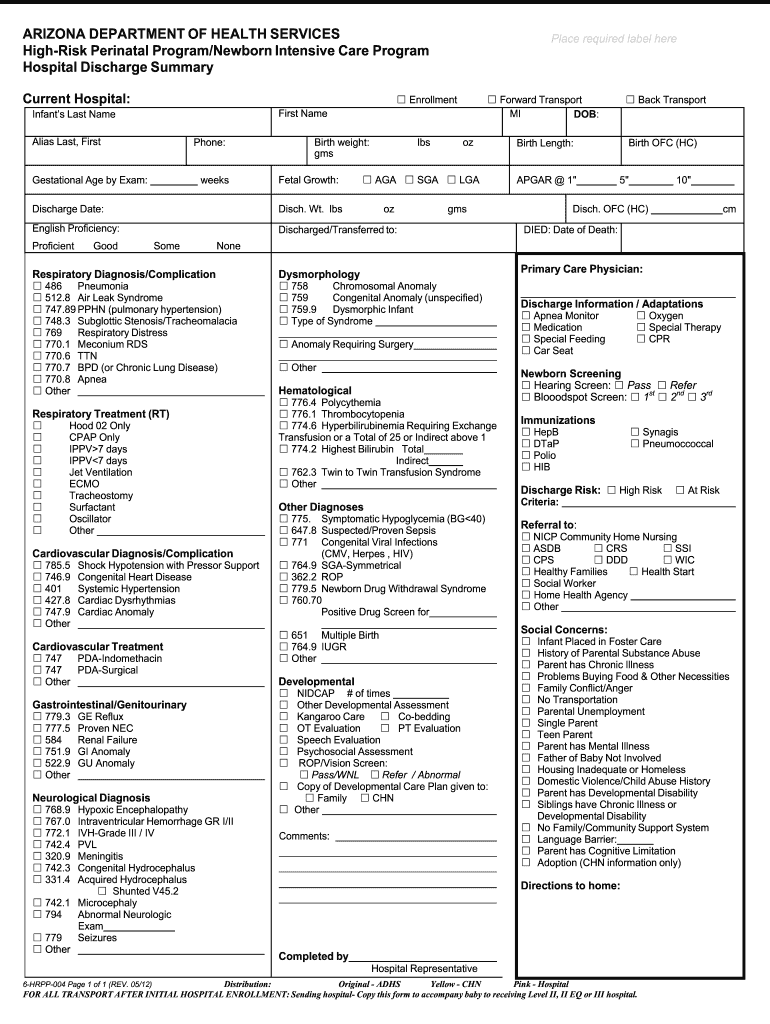 Fillable Online Azdhs Hospital Discharge Summary Arizona 