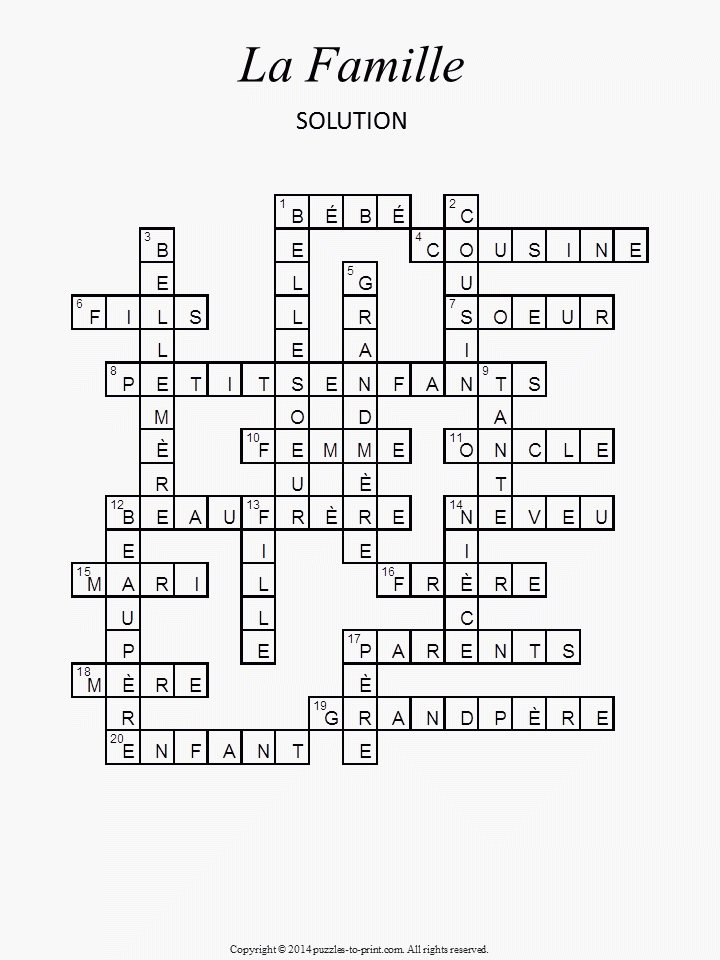 French Family Crossword Printable Vocabulary Builder