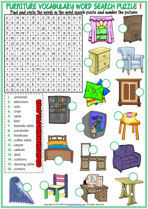 Furniture ESL Printable Word Search Puzzle Worksheets In 