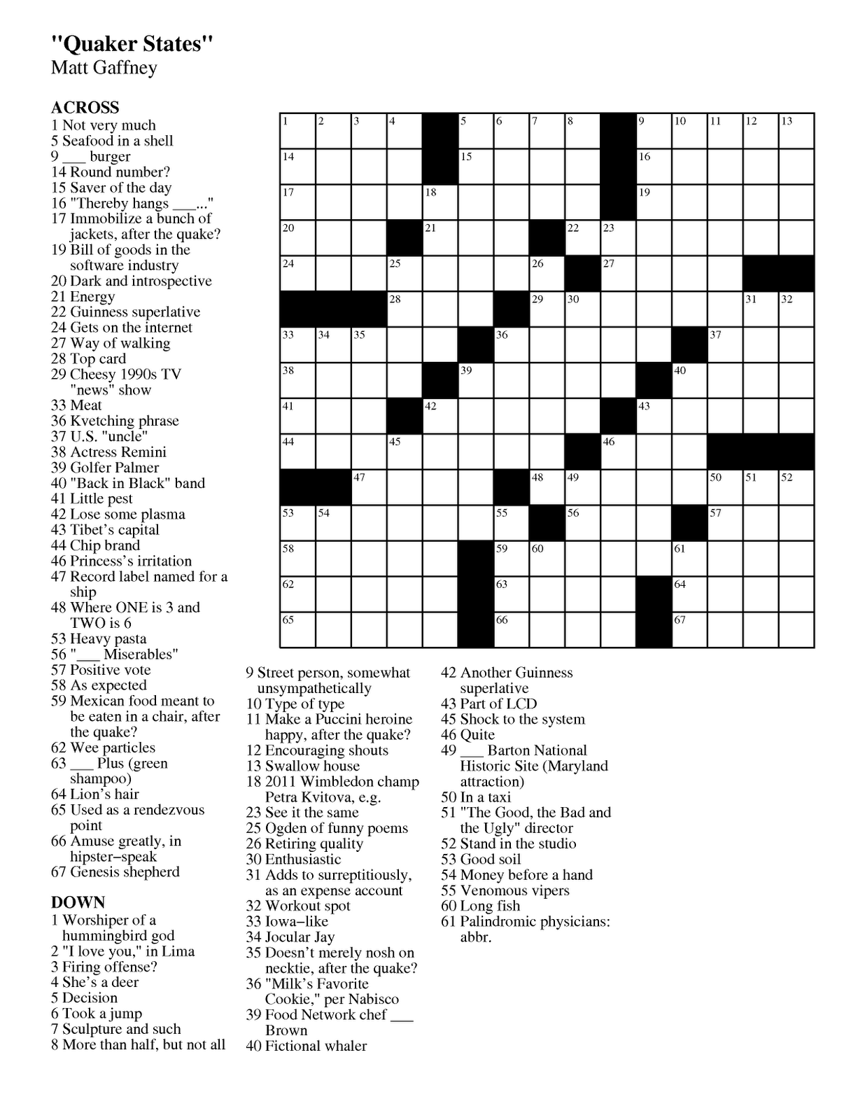 Matt Gaffney s Weekly Crossword Contest September 2011