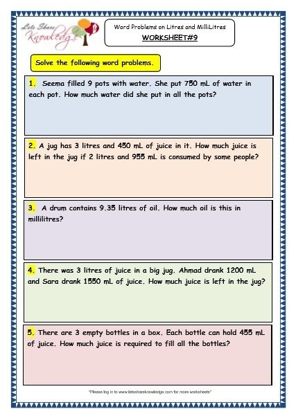 Measurement Word Problems Liters And Milliliters 