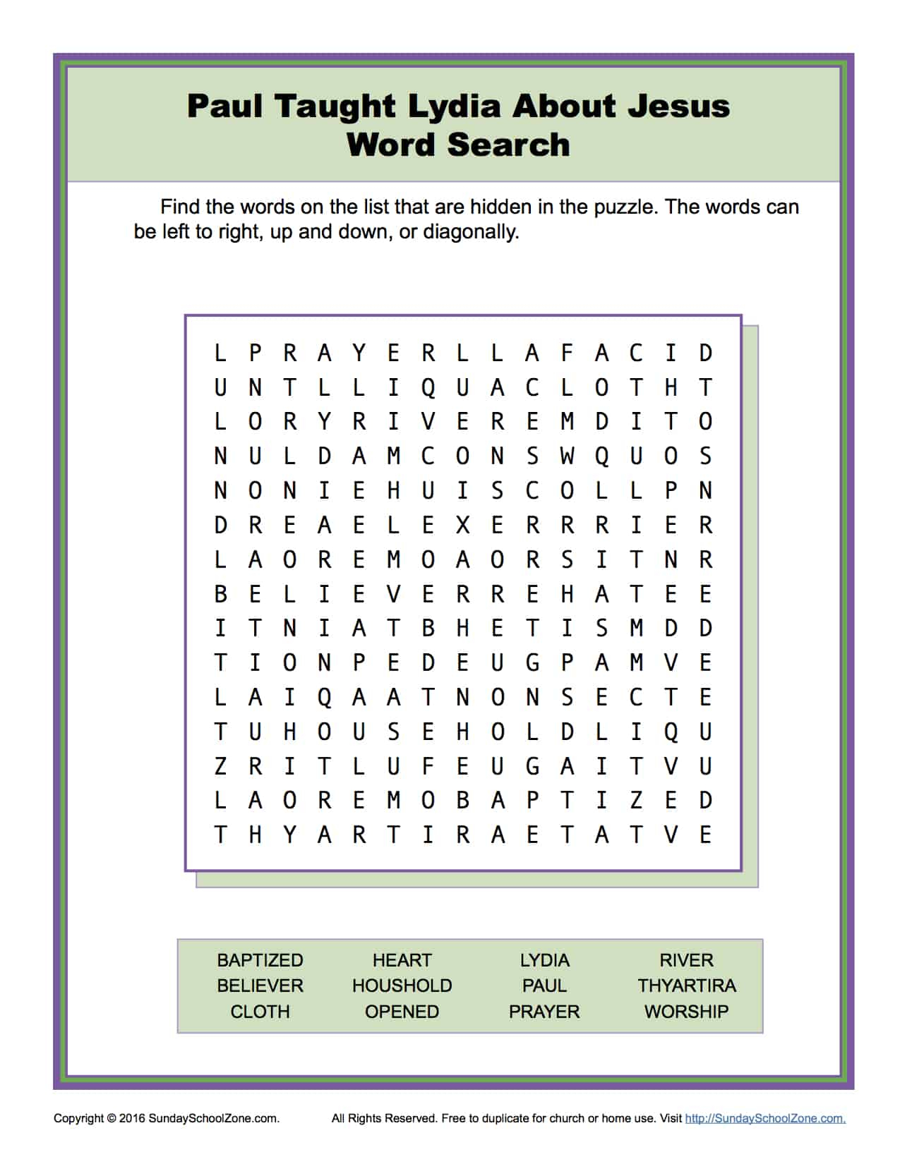 Paul Taught Lydia About Jesus Word Search Children s 