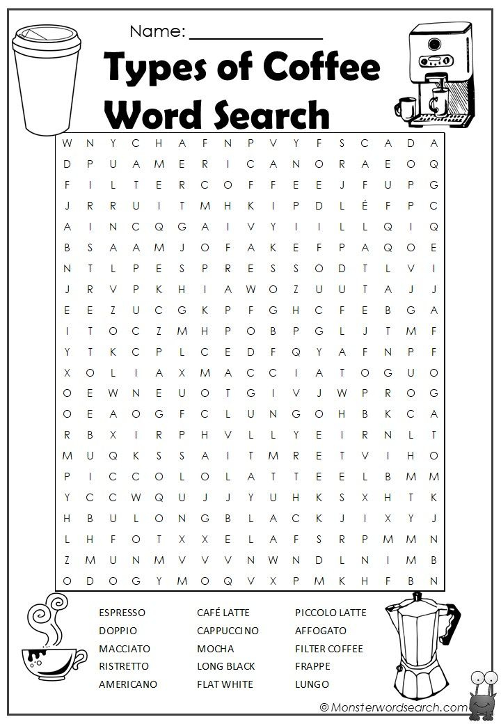 Types Of Coffee Word Search Monster Word Search Coffee 